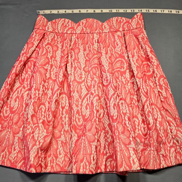 Blue Rain Pink Coral Mini Skirt Women's Size L Pleated Aline Paisley Lace Lined - Picture 6 of 9